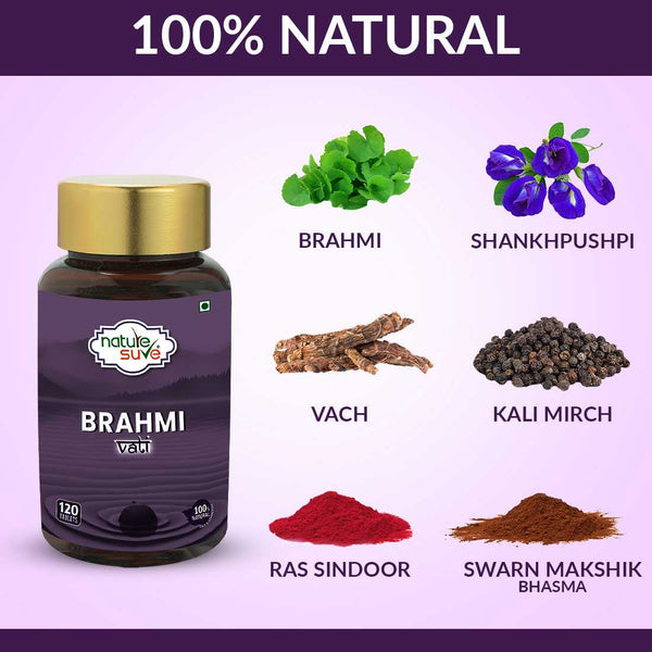 Nature Sure Brahmi Vati 120 Buddhiwardhak Ayurvedic Tablets for Brain Health, Memory Boost, Mental Alertness and Mind Relaxation in Men and Women