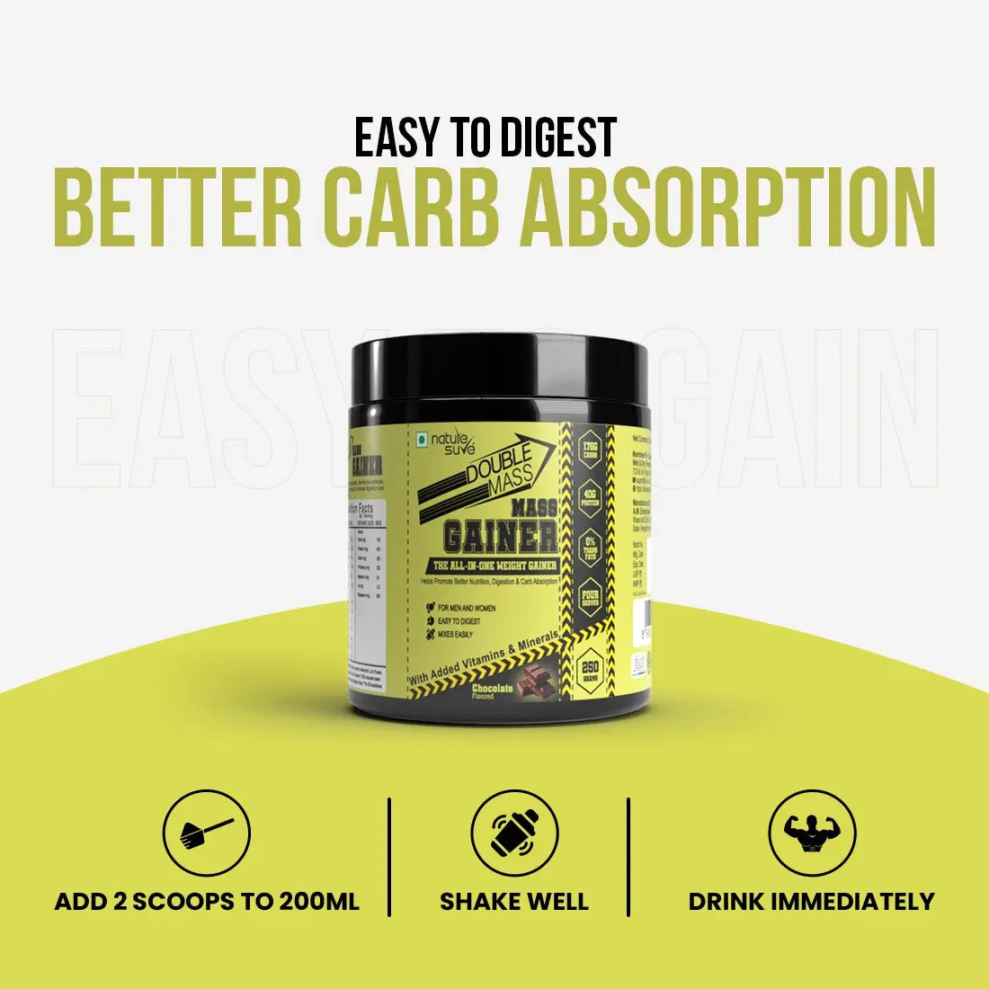 Nature Sure Double Mass Chocolate Flavored Mass Gainer with Whey Protein and Enzymes, Free Scoop Inside