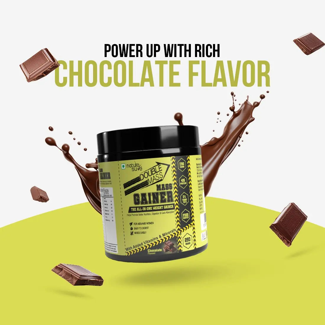 Nature Sure Double Mass Chocolate Flavored Mass Gainer with Whey Protein and Enzymes, Free Scoop Inside