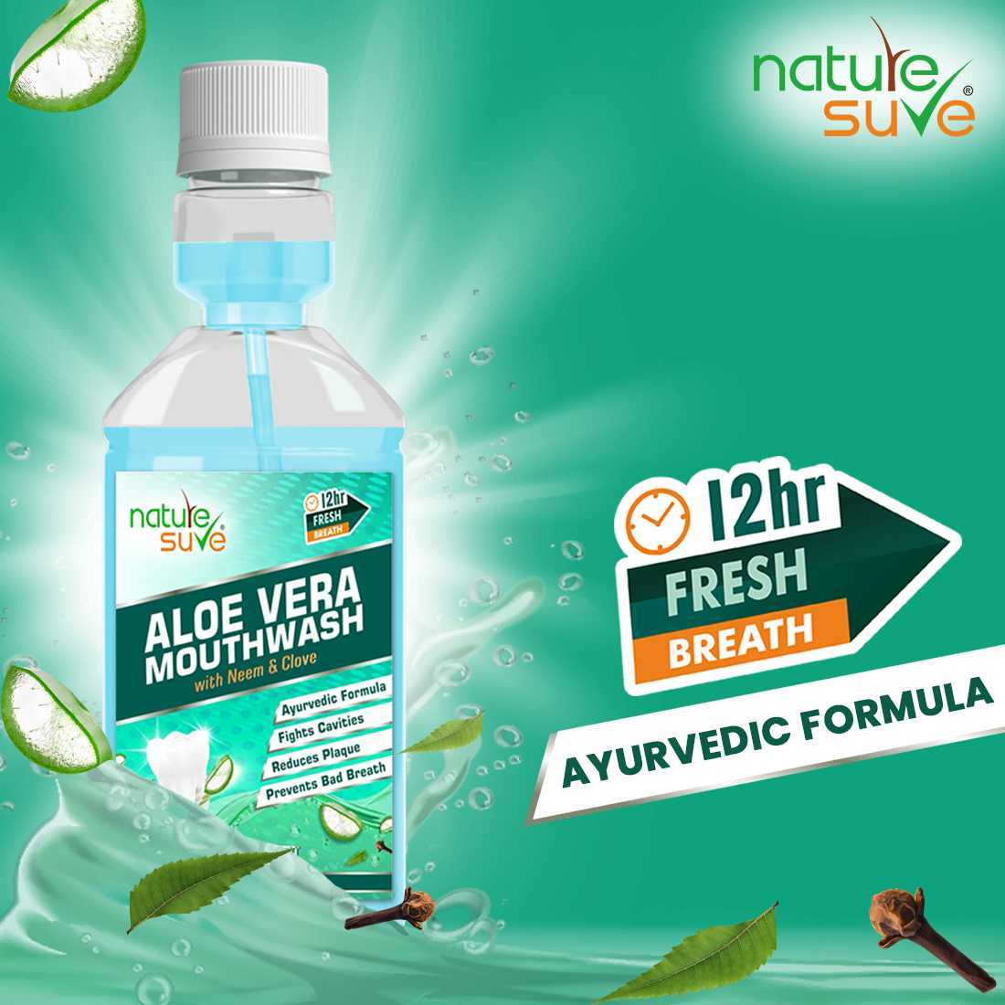 Nature Sure Aloe Vera Mouthwash with Neem and Clove Ayurvedic Antimicrobial Alcohol-Free Formula for Oral Health & Fresh Breath in Men, Women & Kids - 150ml