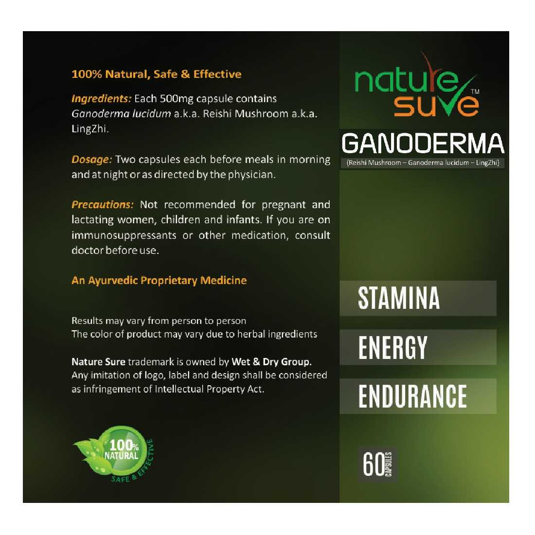 Nature Sure Ganoderma LingZhi Reishi Mushroom Capsules for Stamina and Endurance